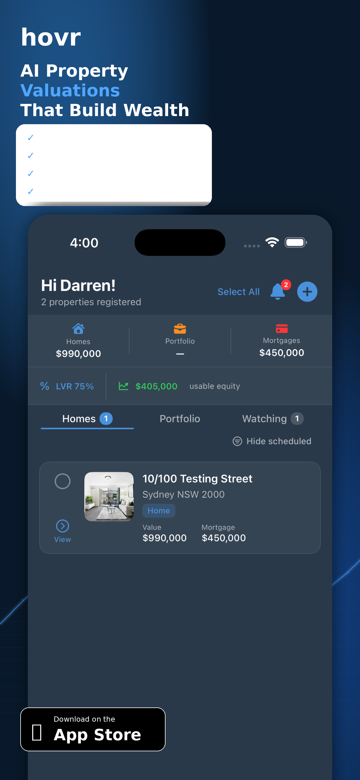 hovr app — AI property valuations dashboard