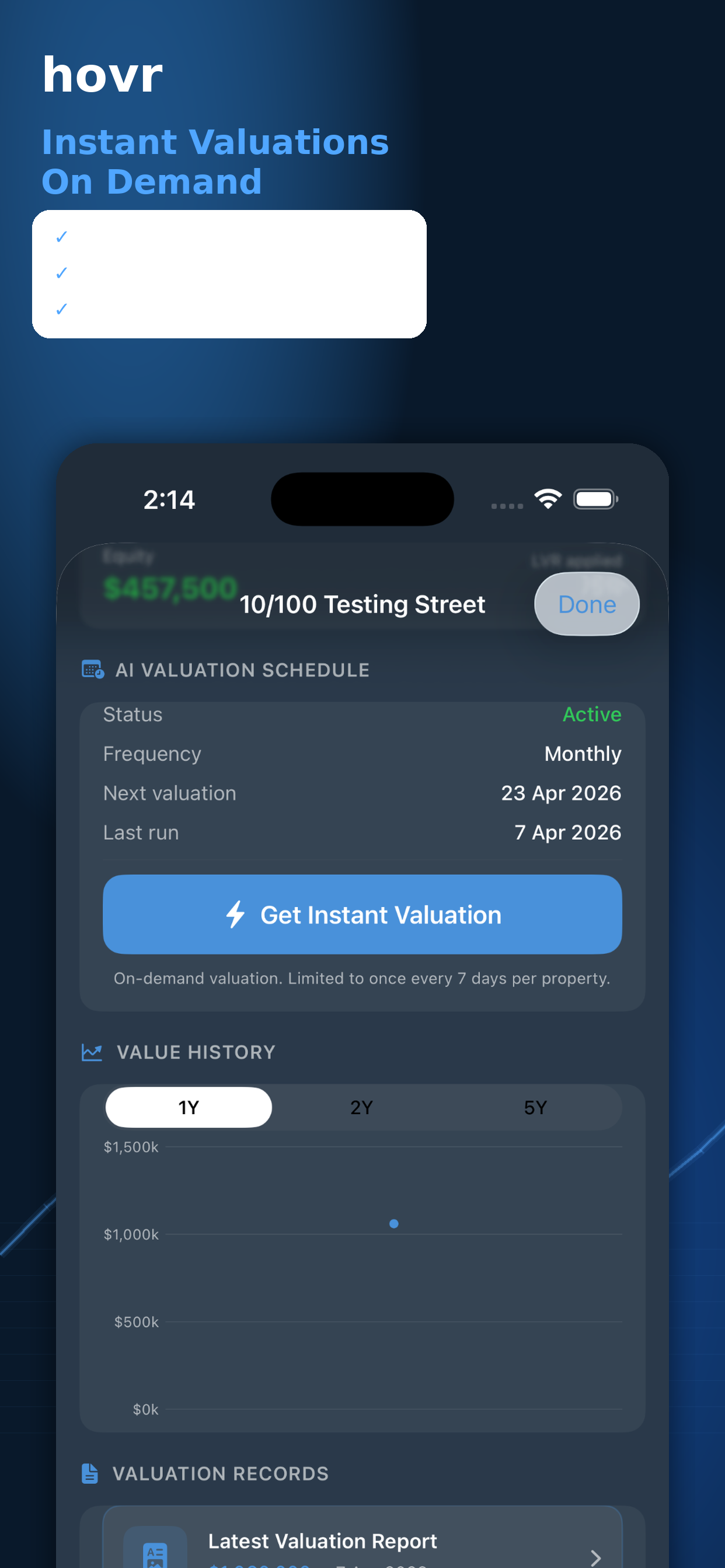hovr instant valuation and value history