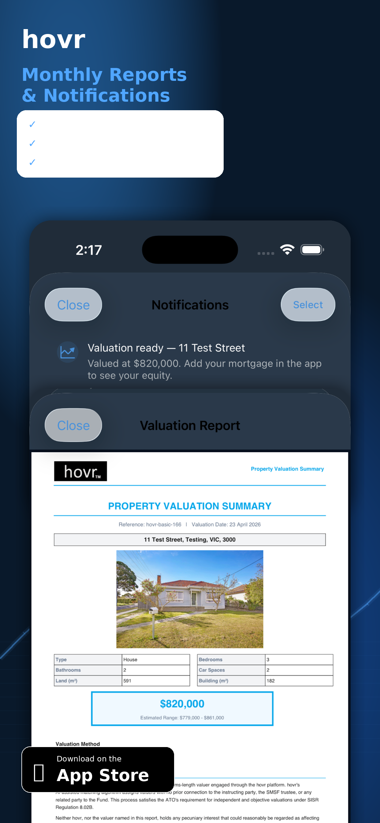 hovr valuation reports and notifications